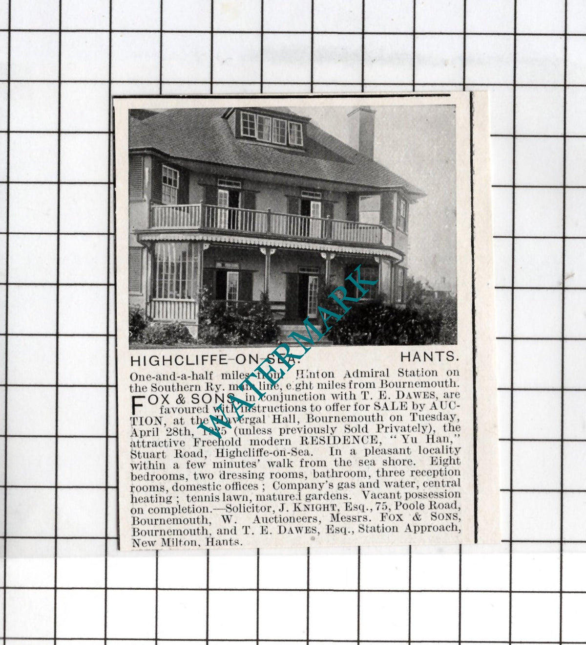 Yu Han Stuart Road Highcliffe On Sea Hampshire - 1925  Small  House Sale  Advert
