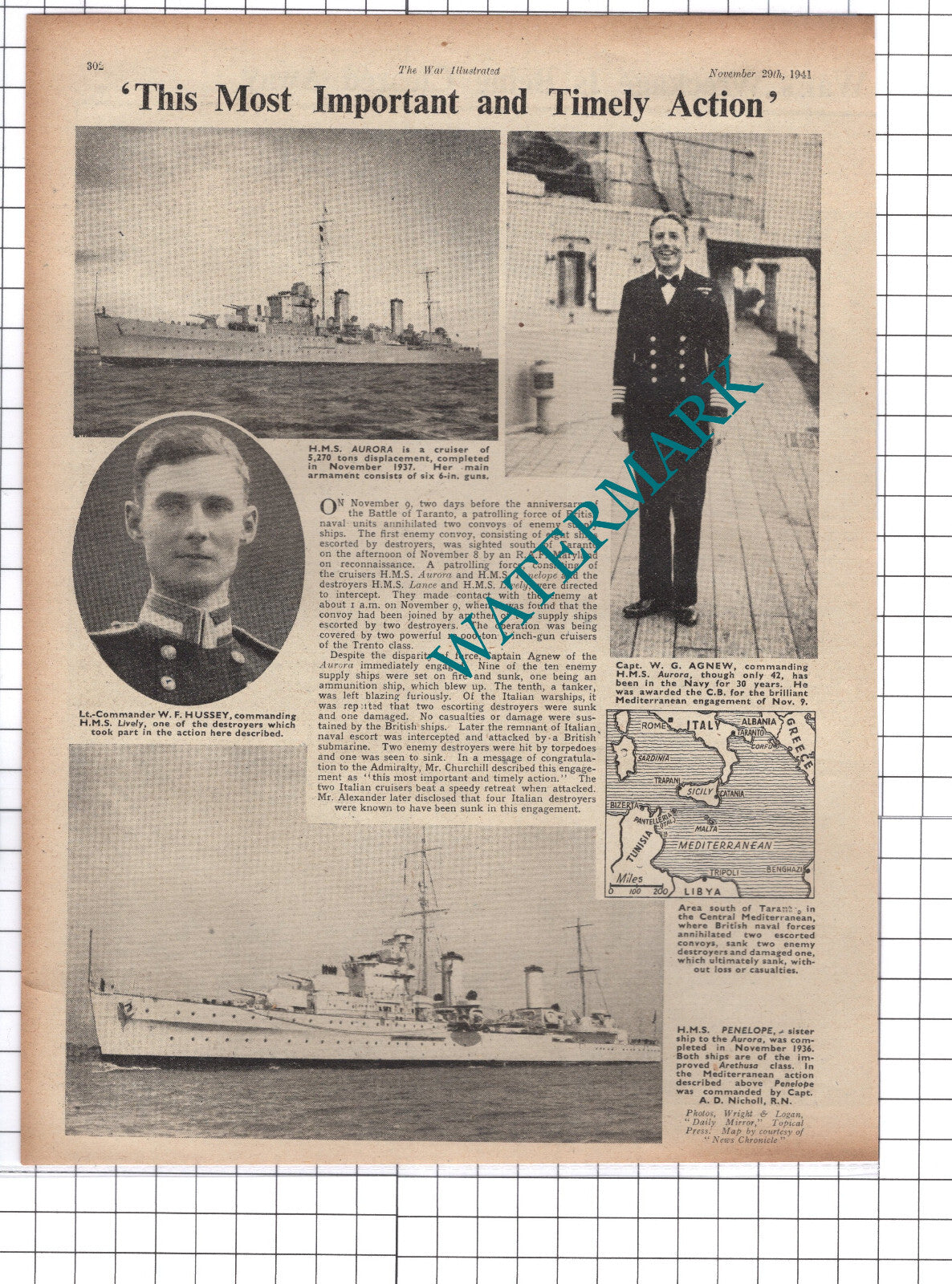 HMS Aurora Captain W G Agnew Lt Com Hussey HMS Lively   - 1941 Clipping