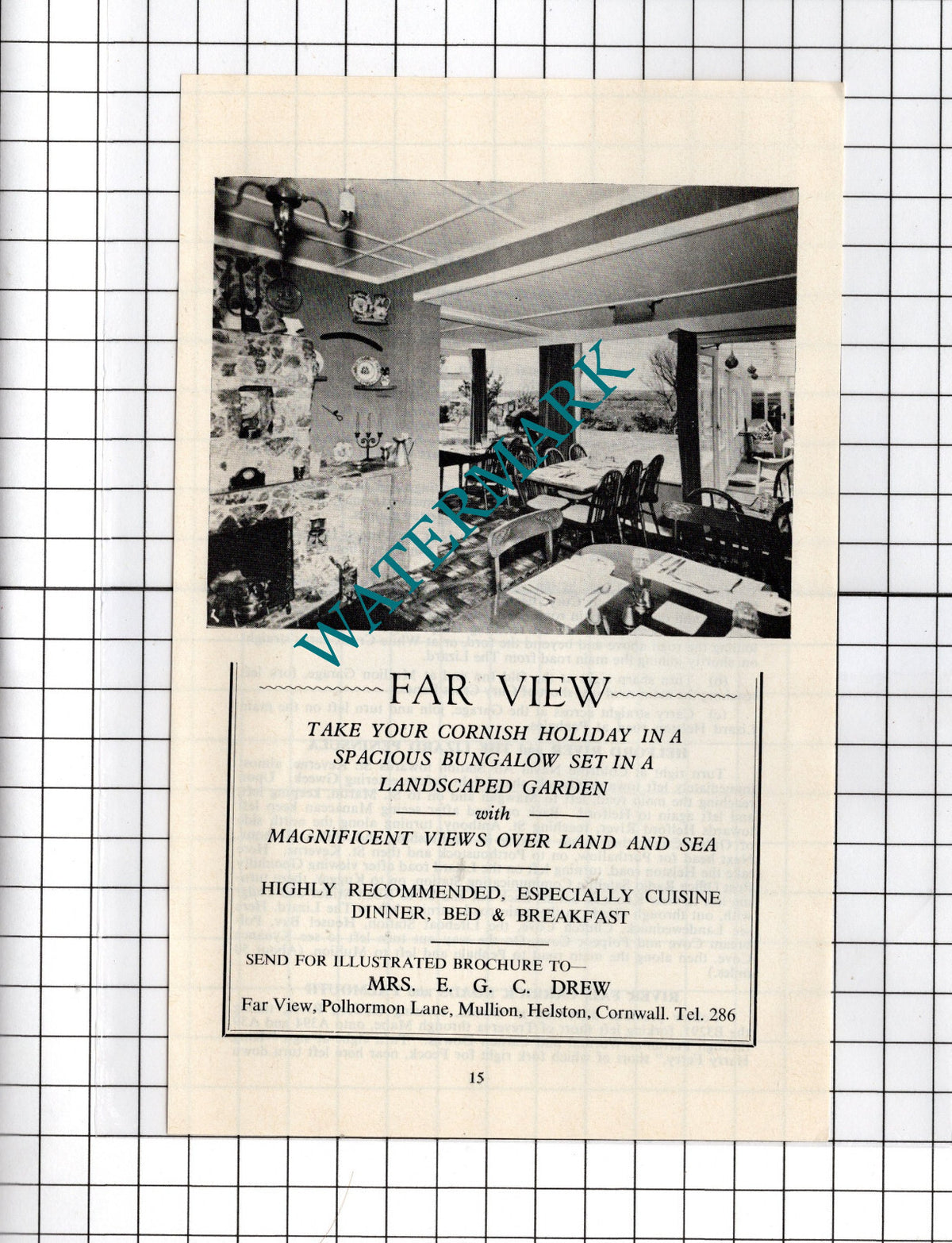 Far View  Polhormon Lane Mullion Cornwall Mrs EGC Drew  - c.1969  Advert