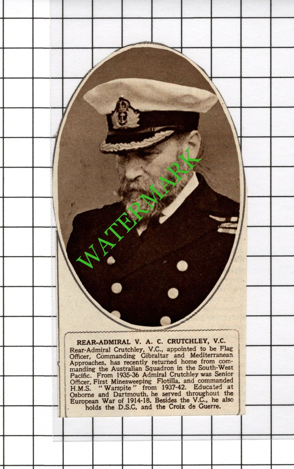 Rear Admiral V A C Crutchley - 1950 Cutting