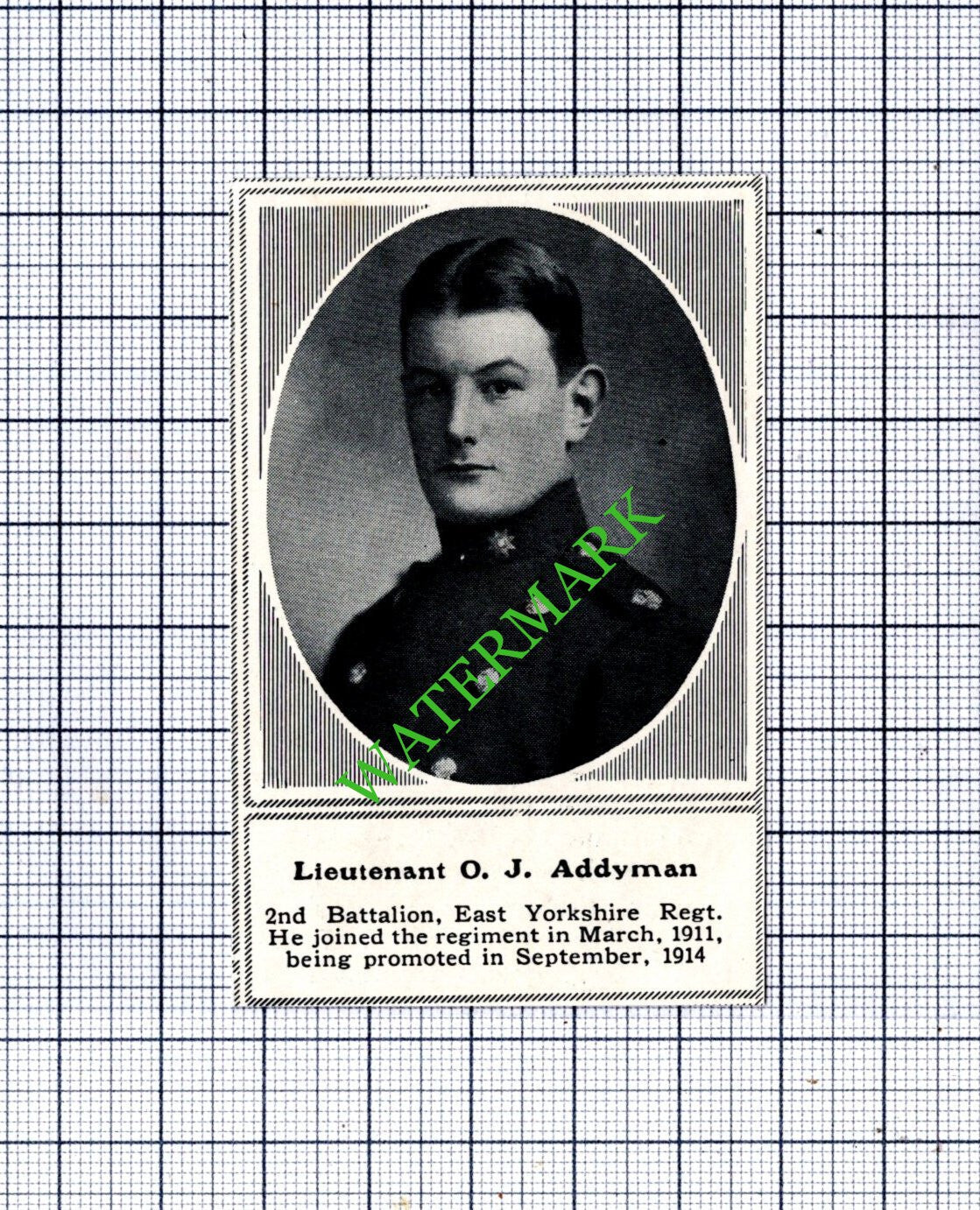 Lt O J Addyman 2nd Batt East Yorkshire Reg  WW1 - 1915 SMALL Cutting