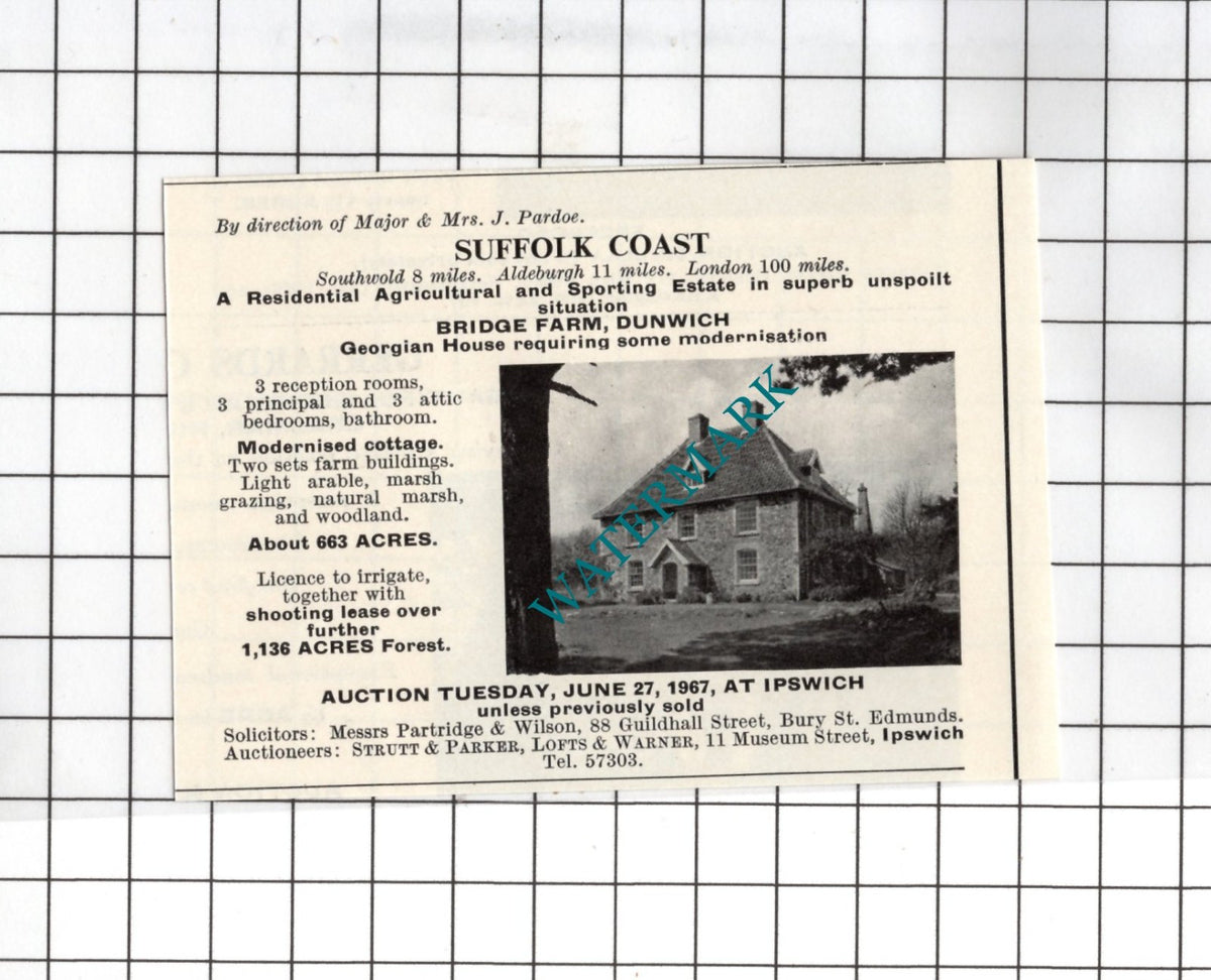 Bridge Farm Dunwich Suffolk Major J Pardoe  SMALL House Advert - 1967