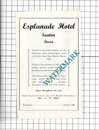 Pole Arms Hotel Seaton Devon Ramage / Esplanade Hotel Seaton Hill -c.1954 Advert
