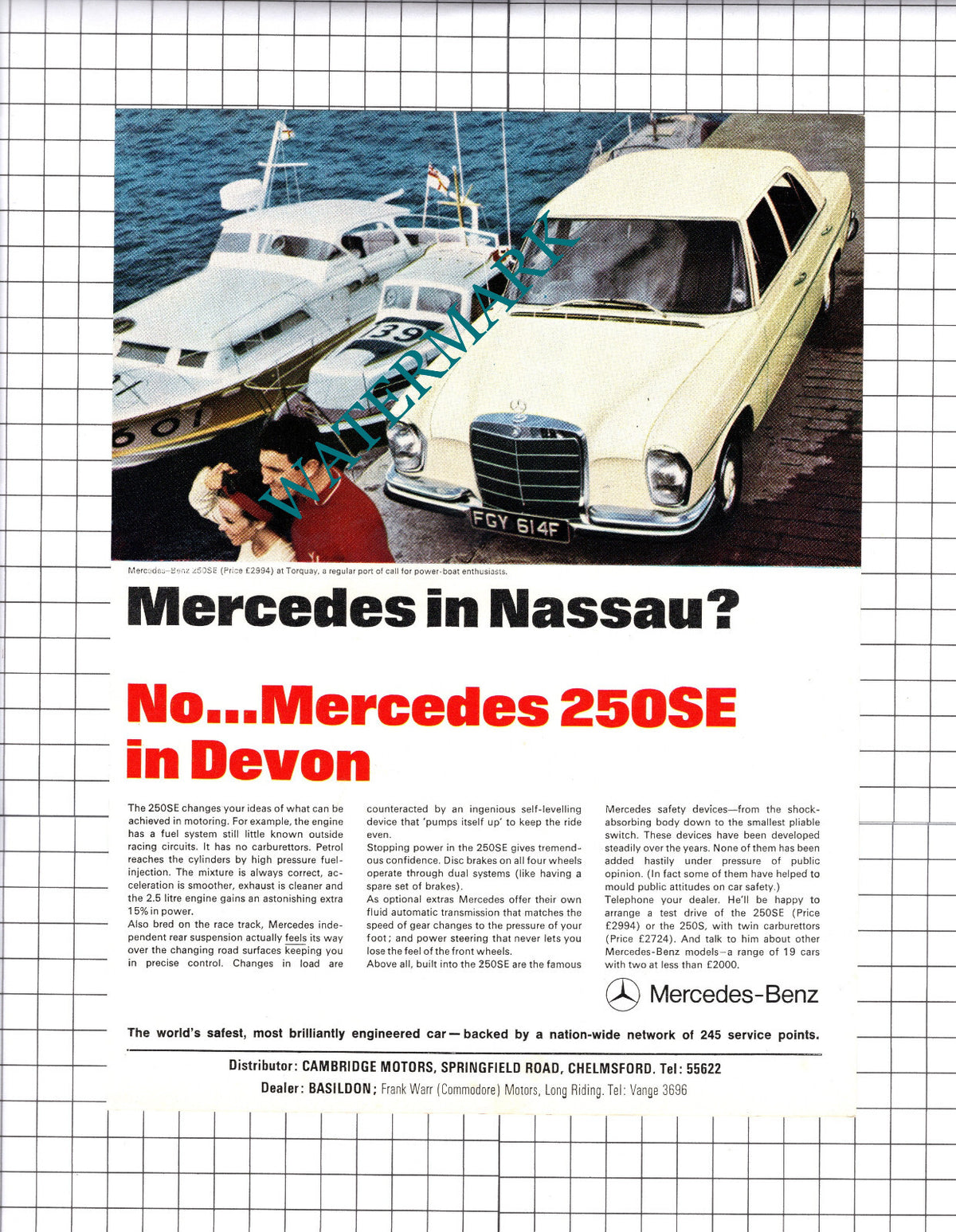 Mercedes 250SE Torquay Devon ADVERT -  1965 Cutting / Print