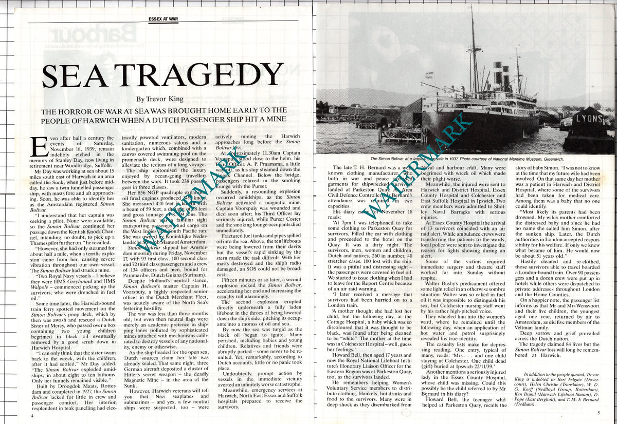The SIMON BOLIVAR Ship Tragedy Harwich Essex Stanley Day - 1989 Article