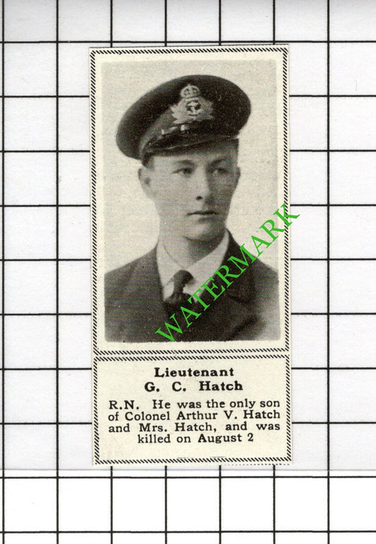 Lt G C Hatch Royal Navy Colonel Arthur V Hatch Great War WW1 -1918 SMALL Cutting