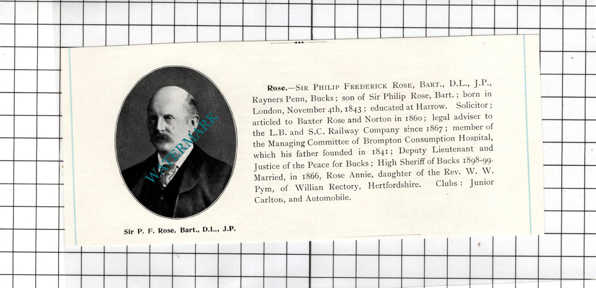 Sir Philip Frederick Rose Rayners Penn Buckinghamshire   - c.1905 Clipping