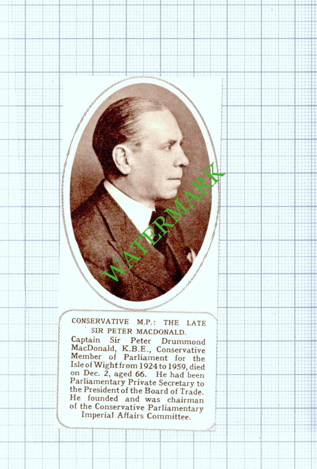Sir Peter Drummond MacDonald MP Obituary - 1961 Cutting