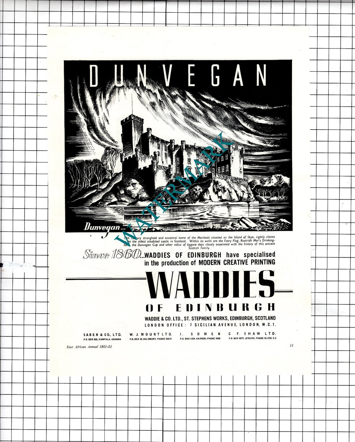 Dunvegan Castle Waddies Waddie & Co Edinburgh Torr's Hotel Nairobi -1951 Advert