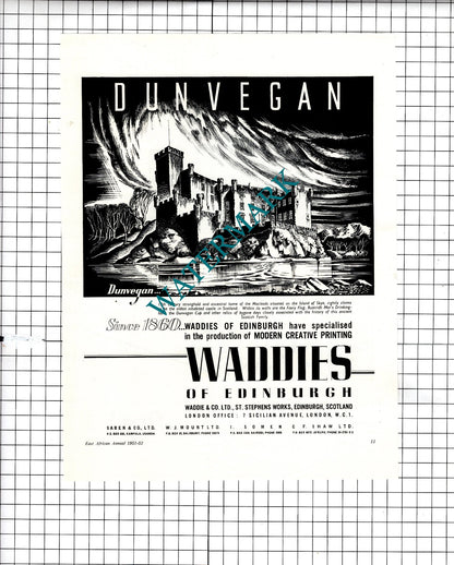 Dunvegan Castle Waddies Waddie & Co Edinburgh Torr's Hotel Nairobi -1951 Advert