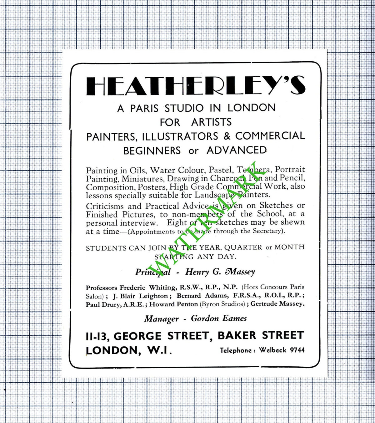 Heatherley's Art Studio Henry Massey Gordon Eames  - 1930s Small Cutting / Print