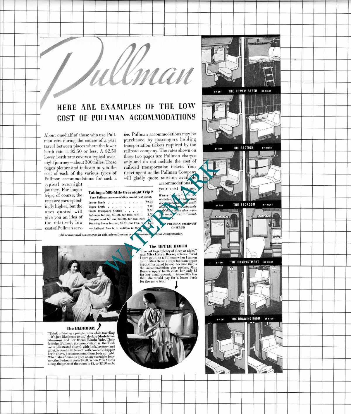 Pullman Train Kay Campbell Helen Reese  Quaker Lace  - 1937 2-Part ADVERT