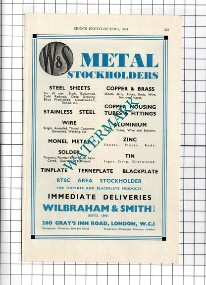 Wilbraham & Smith Ltd London / Buck & Hickman Ltd London  - 1954 Advert