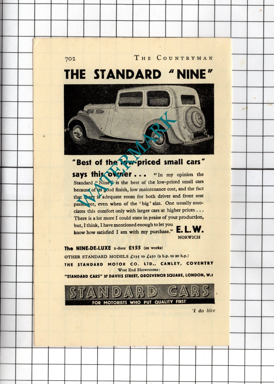 The Standard Nine Car  Standard Cars Advert - 1936 Small Advert