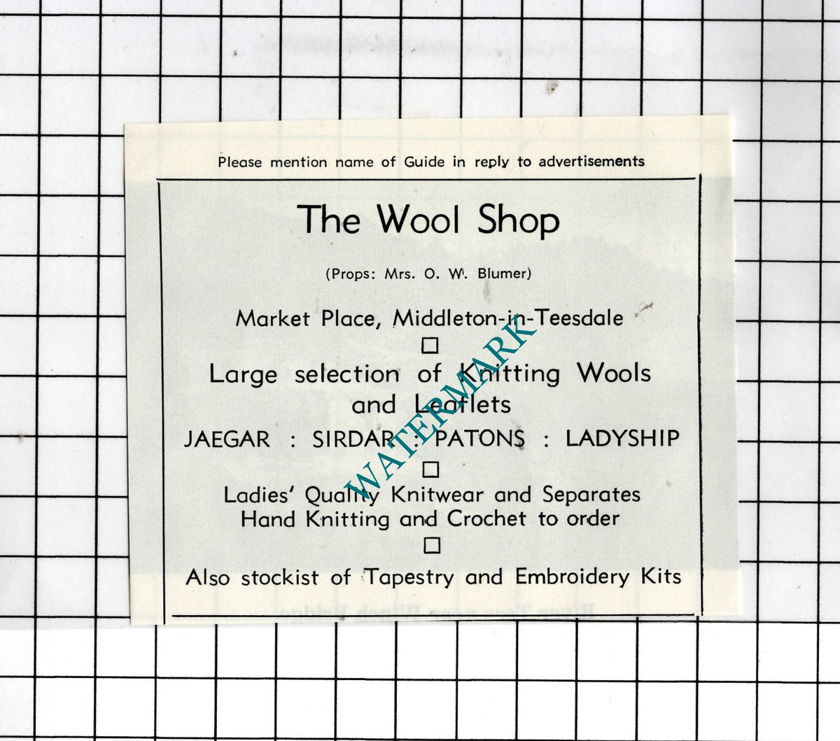Mrs O W Blumer The Wool Shop Middleton-in-Teesdale - 1977 SMALL Advert