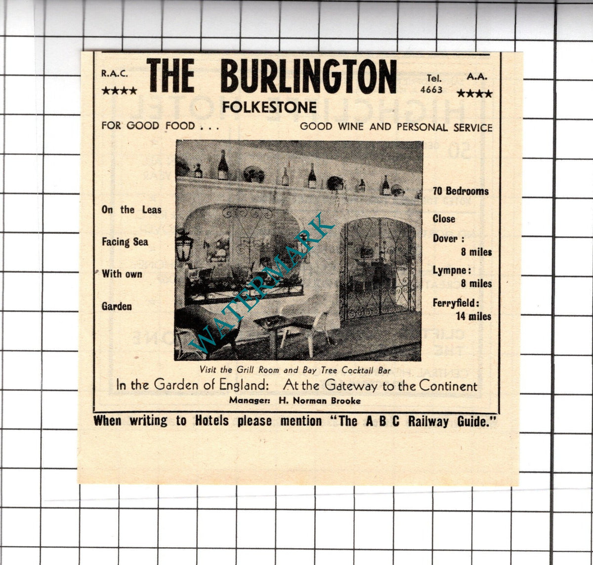 The Burlington Hotel Folkestone Kent Norman Brooke Small Advert - 1958 Cutting