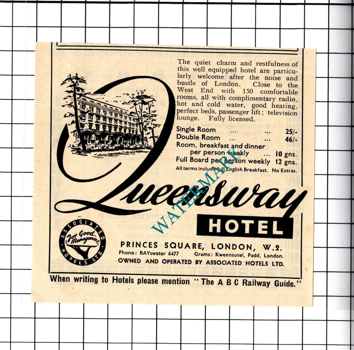 Queensway Hotel Princes Square London W2 Small Advert - 1958 Cutting / Print