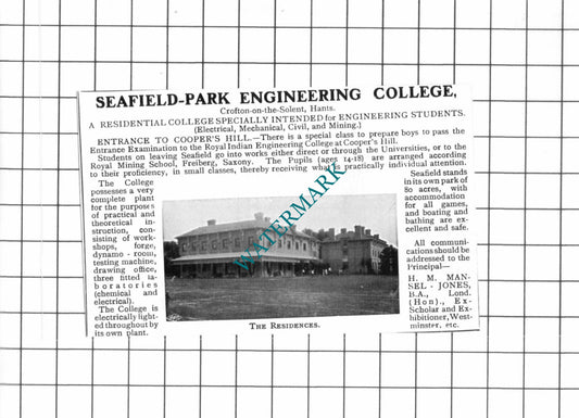 Seafield Park Engineering College Crofton on the Solent Mansel-Jones 1903 Advert