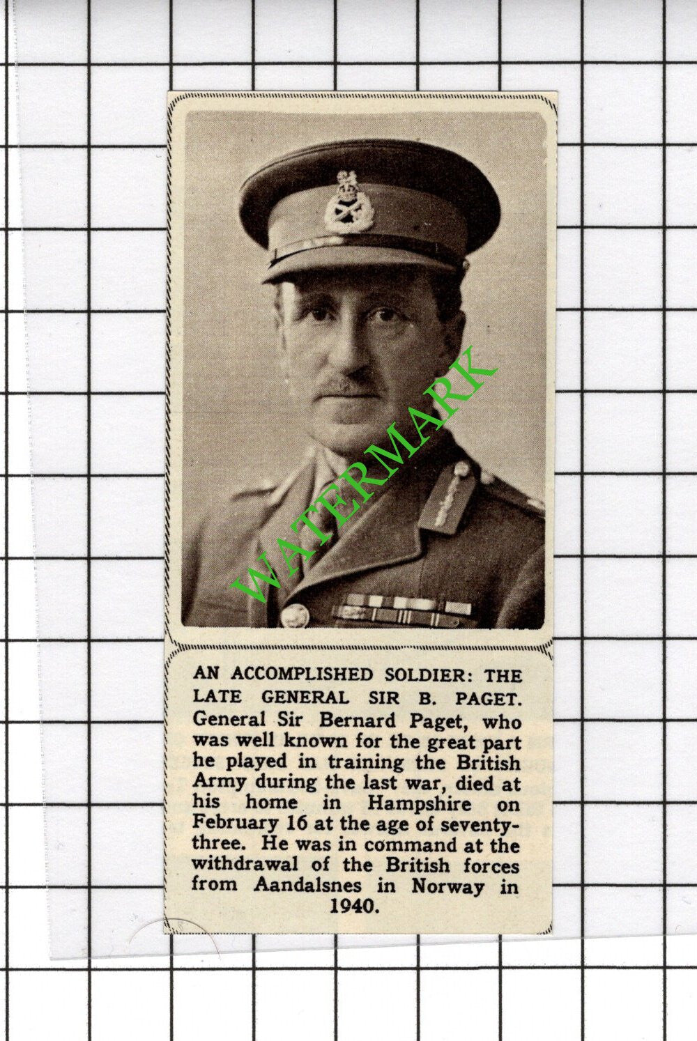 General Sir Bernard Padget Obituary   - 1961 SMALL Cutting