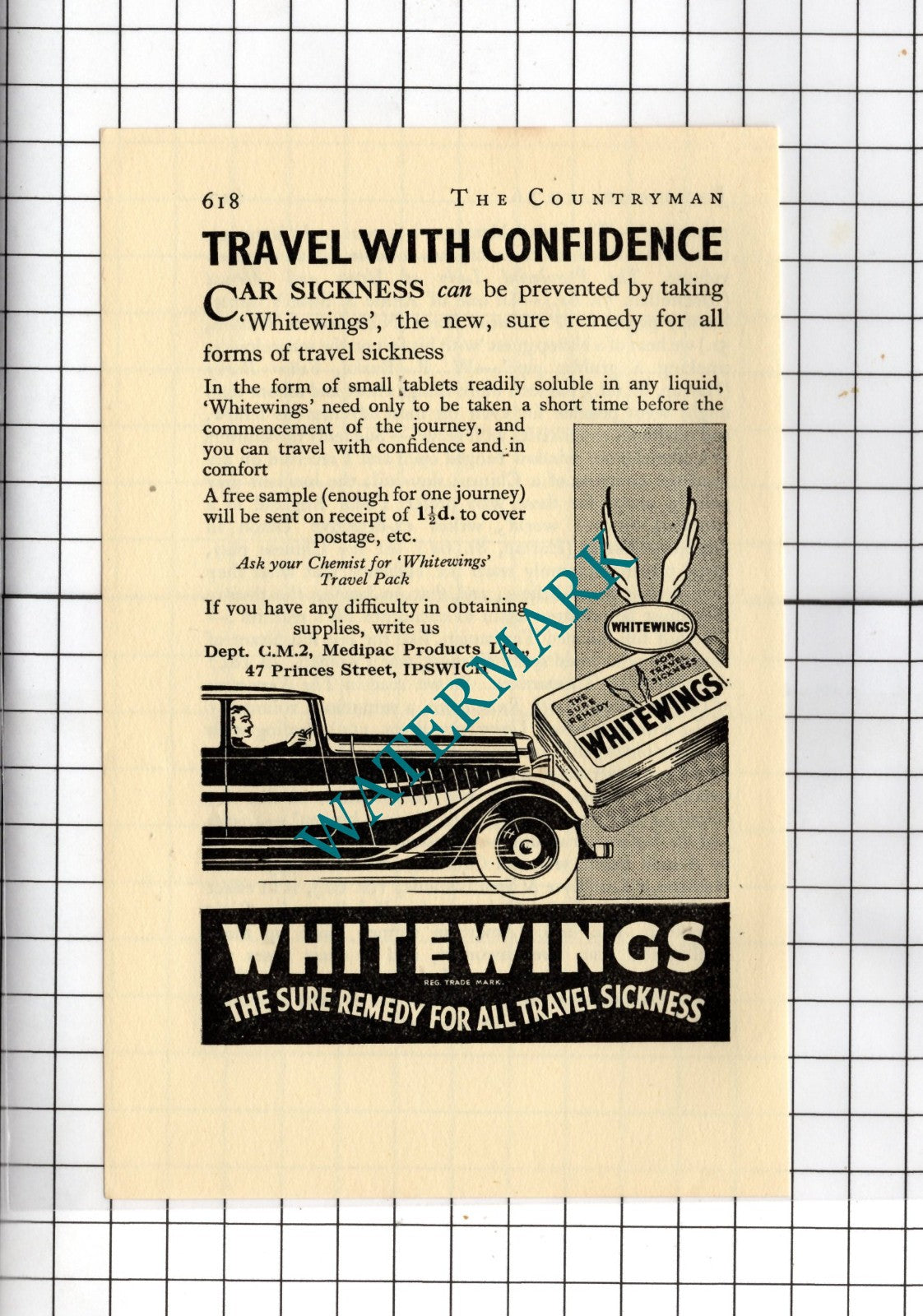 Whitewings Travel Sickness Advert  - 1936  Small Advert