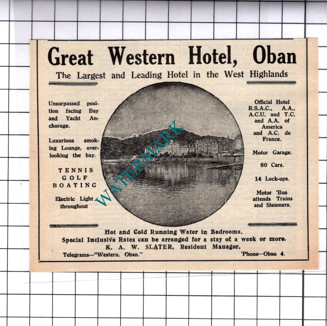 Great Western Hotel Oban KAW Slater Small Advert - 1939 Cutting / Print