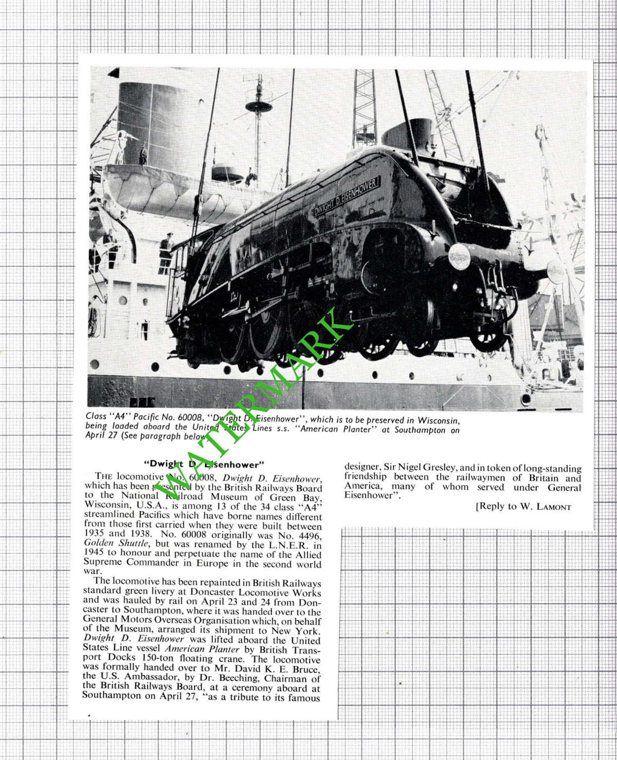 Class A4 Pacific No 60008 Dwight D Eisenhower SS American Planter Ship - Cutting