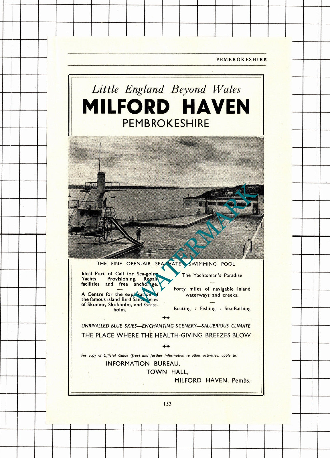 Milford Haven Pembrokeshire Swimming Pool Tourism  Advert- 1953 Clipping