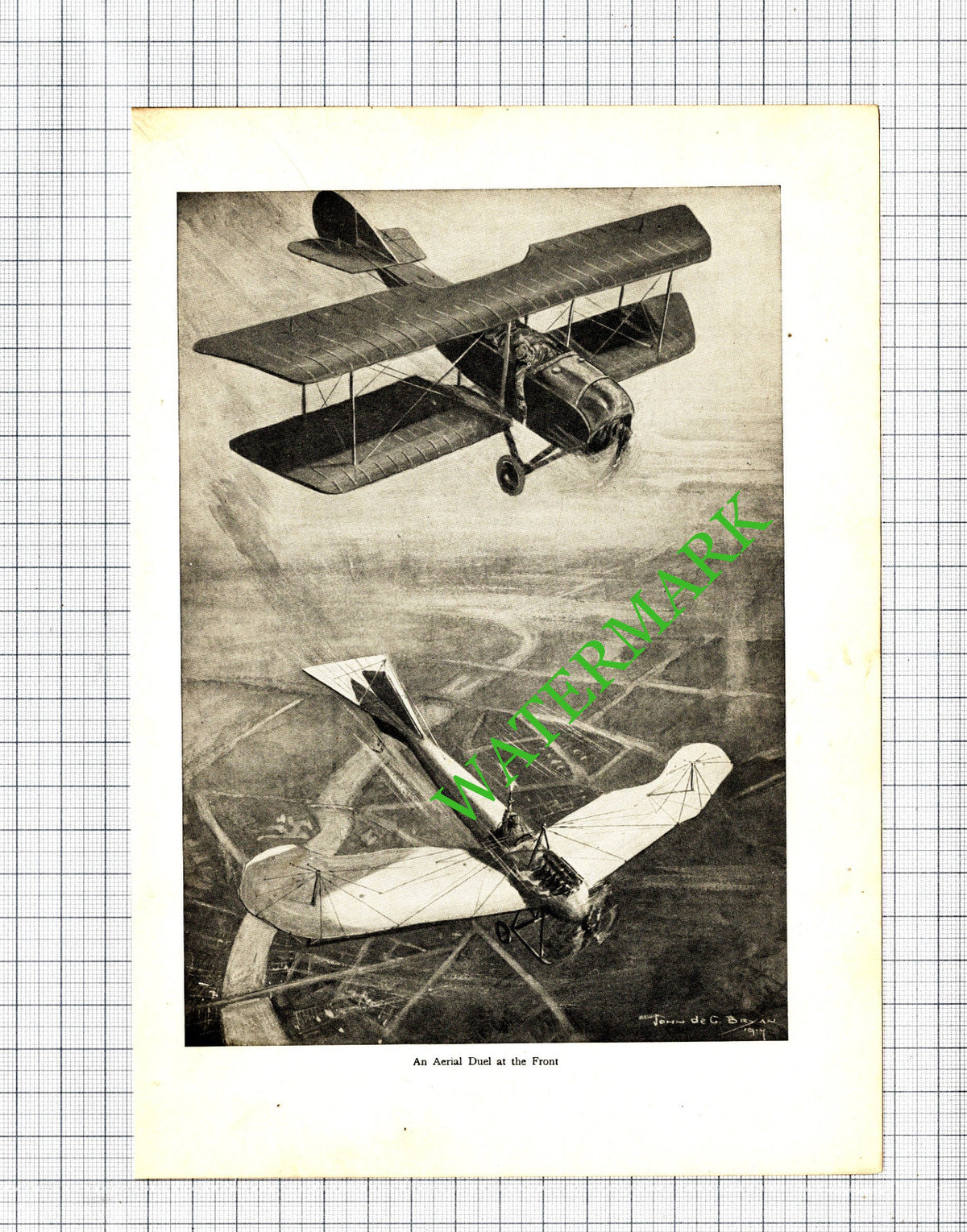 Aerial Duel Plane Fight Great War WW1 John de G Bryan - c.1920 Cutting / Print