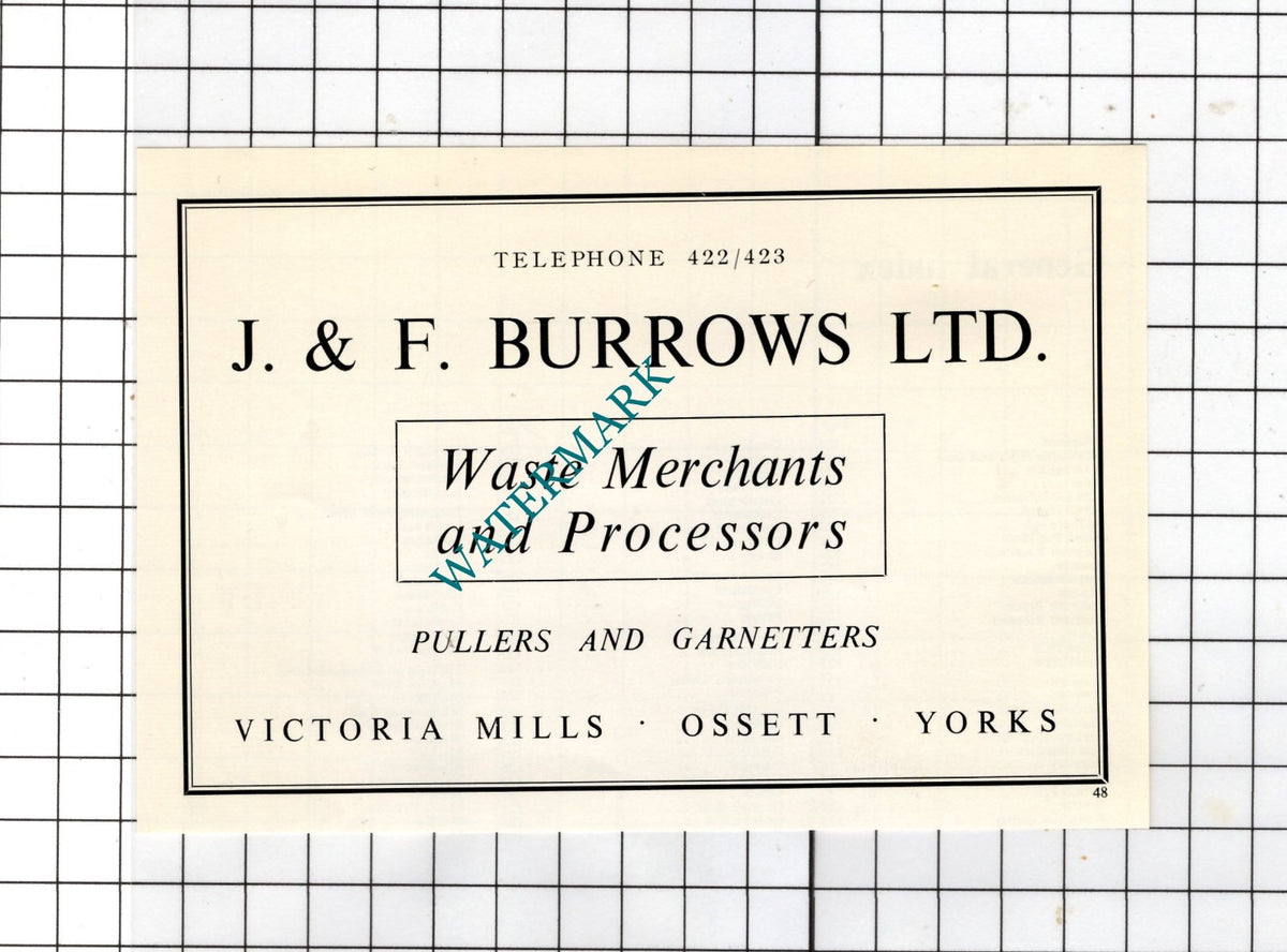 J & F Burrows Ltd Victoria Mills Ossett Yorkshire - c.1962 Small Advert
