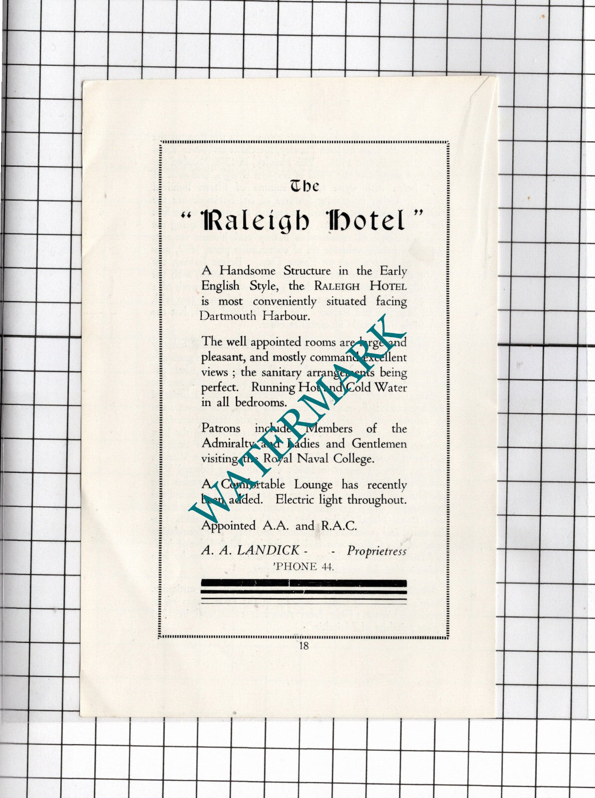 The Raleigh Hotel Dartmouth Devon A A Landrick - c.1940's Advert