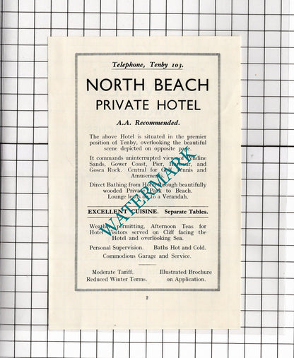 Howells Jewellers Tenby Wales / North Beach Hotel Tenby - 1936 Small Advert