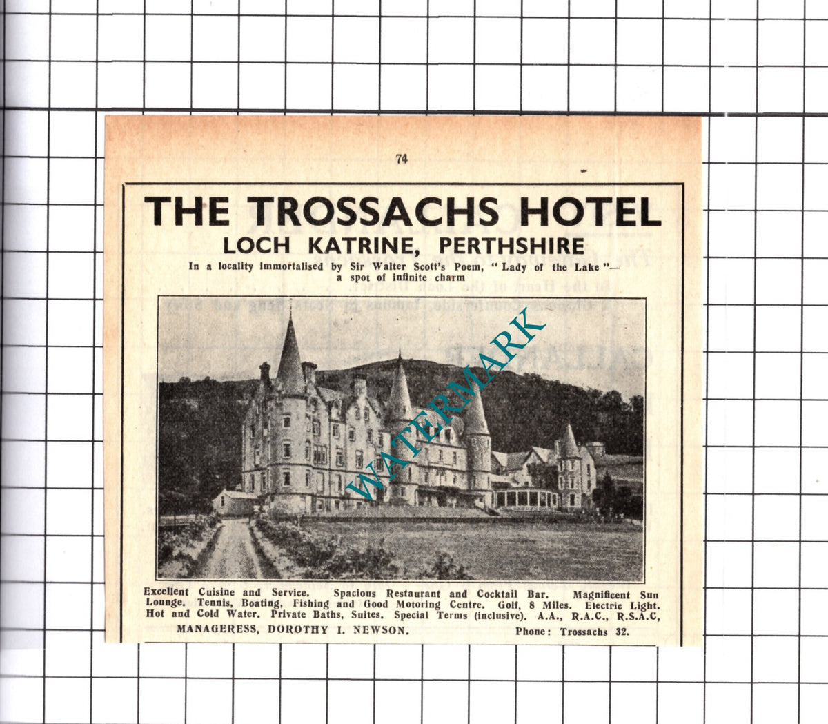 The Trossachs Hotel Loch Katrine Perthshire Newson Small Advert - 1939 Cutting