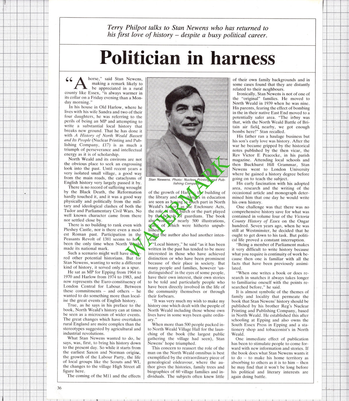 Stan Newens Old Harlow Essex MP  - 1986 Article / Print
