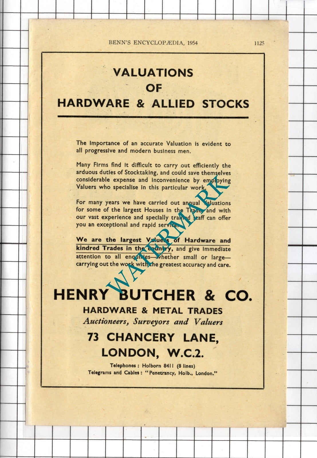 Henry Butcher & Co Valuers London  - 1954 Advert