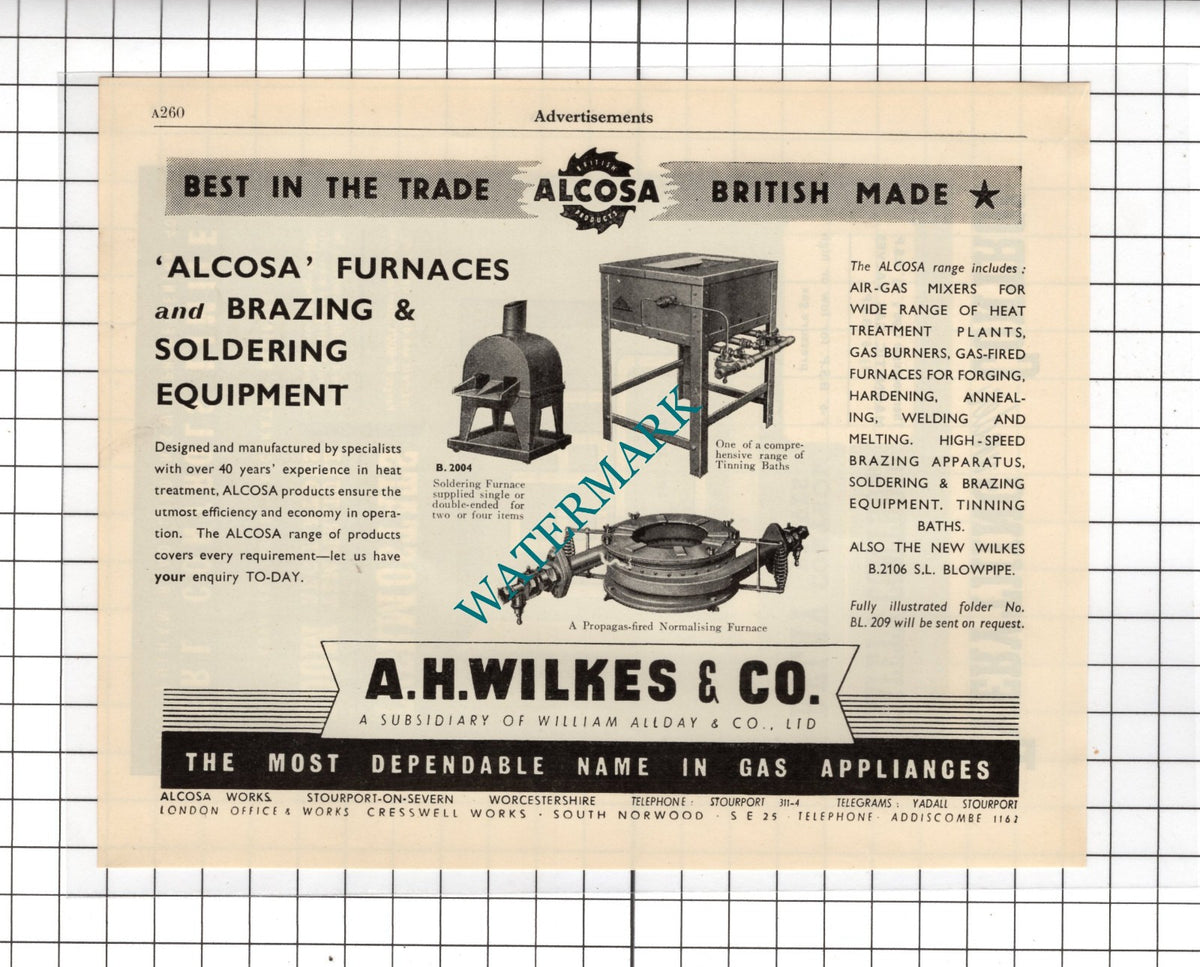 A H Wilkes & Co Stourport Alcosa Gas / Perl Controls Ltd London - 1951 Advert