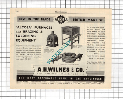 A H Wilkes & Co Stourport Alcosa Gas / Perl Controls Ltd London - 1951 Advert
