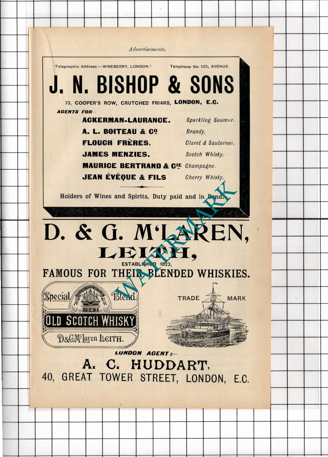 J N Bishop & Sons London / D&G McLaren Leith Whisky Advert - 1902 Cutting