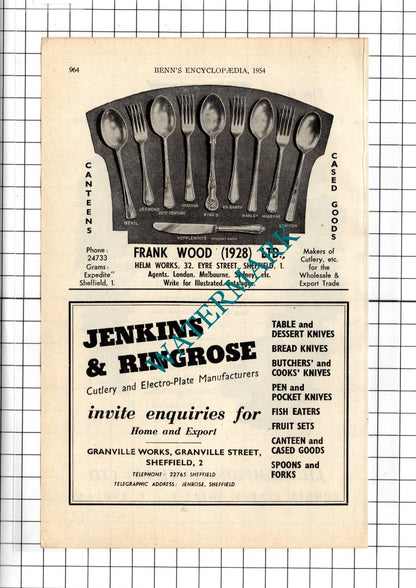 J H Thompson Cutlery Ltd Sheffield  Jenkins & Ringrose  Frank Wood - 1954 Advert