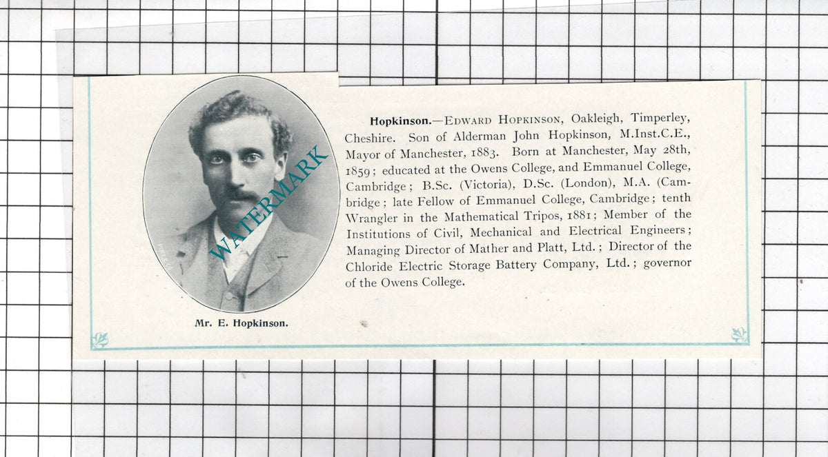 Edward Hopkinson Oakleigh Timperley Cheshire     Manchester  - c.1900 Cutting