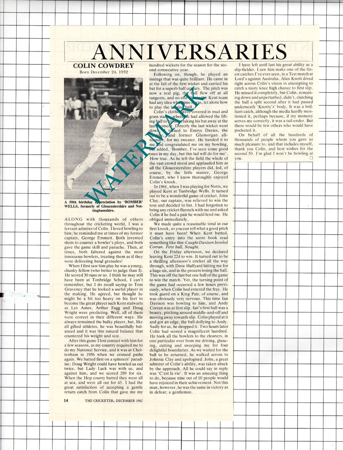 Colin Cowdrey Cricketer - 1982 Clipping