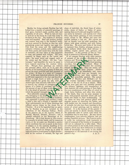 Francis Snyders Artist - c.1880 Article