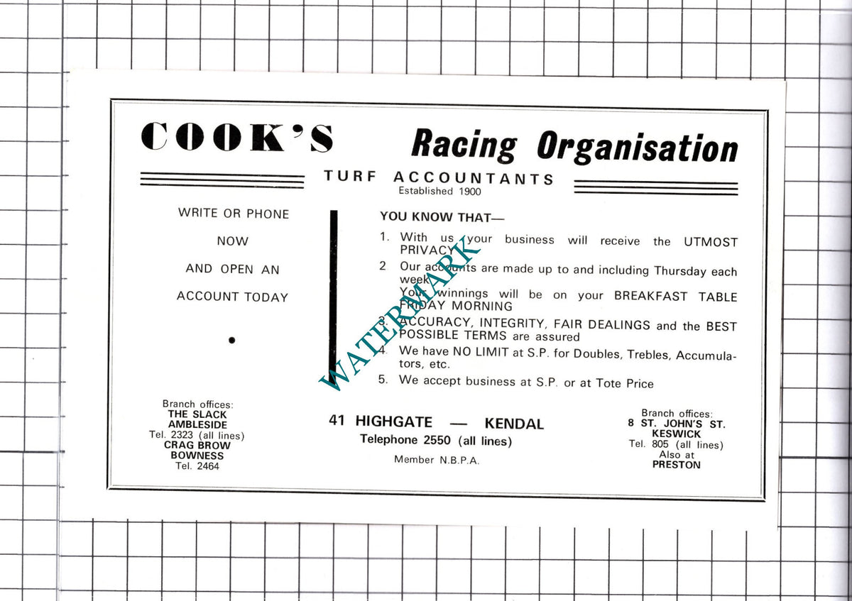 Cook's Turf Accountants Ambleside / Sheila Matthews Advert - c.1968 Cutting