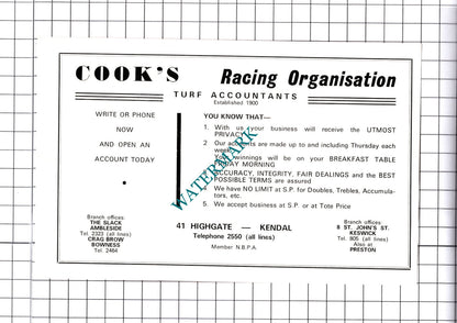 Cook's Turf Accountants Ambleside / Sheila Matthews Advert - c.1968 Cutting