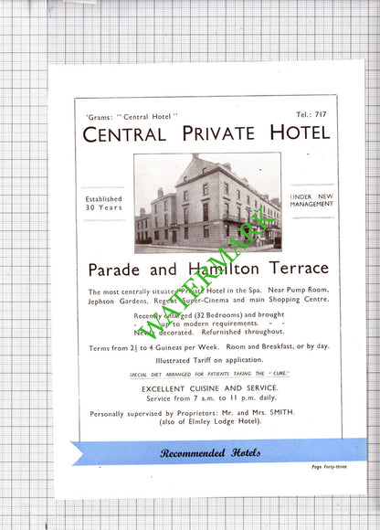 Desmond Hotel Leamington Spa   / Central Hotel Advert - 1930s Cutting
