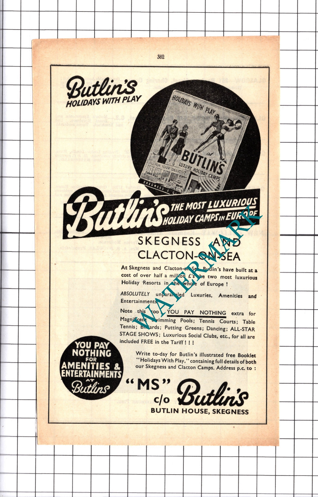 Butlins Butlin's  Skegness Clacton Holiday Advert   - 1939 Cutting