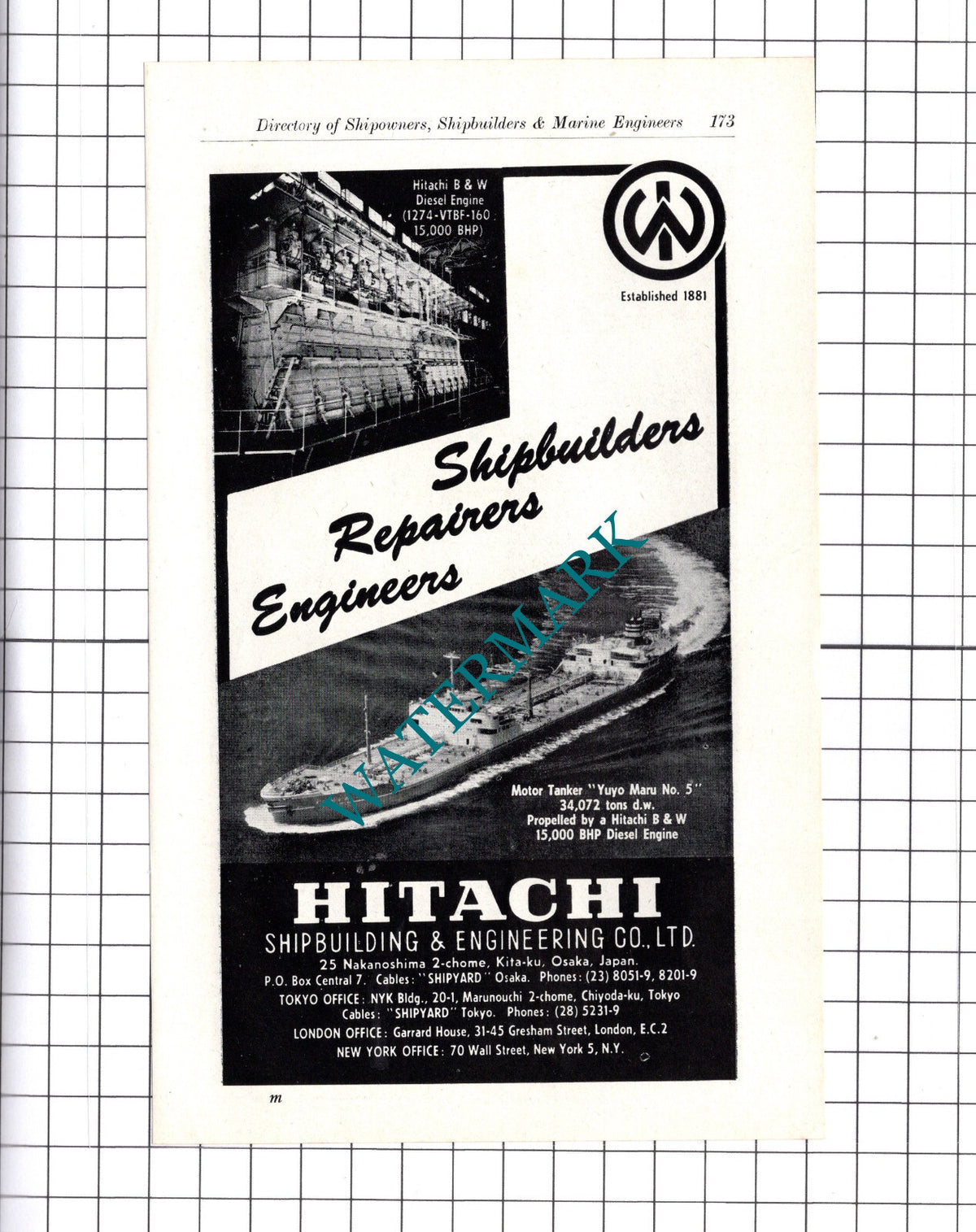 Hitachi Shipbuilders Motor Tanker YUYO MARU No 5 Ship ADVERT   - c.1957