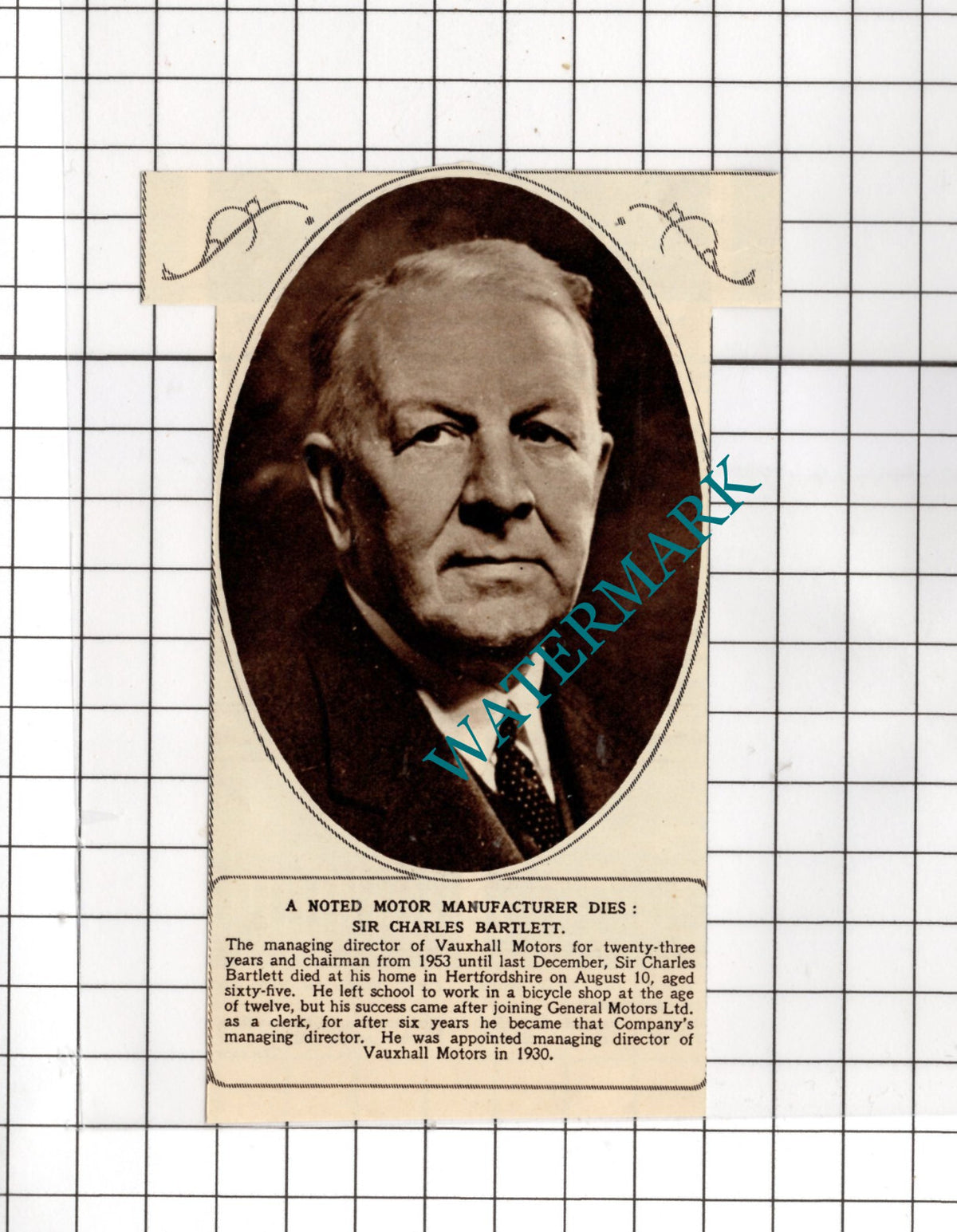 Sir Charles Bartlett Vauxhall Motors Obituary - 1955 Small News Cutting