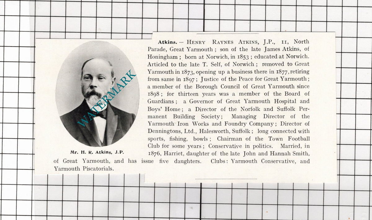 Henry Raynes Atkins Great Yarmouth Norfolk  - 1911 Clipping
