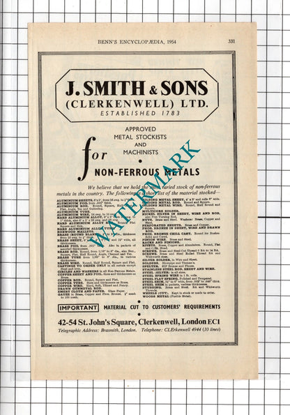 J Smith & Sons Clerkenwell Ltd / Willmott Taylor Ltd Birmingham - 1954 Advert