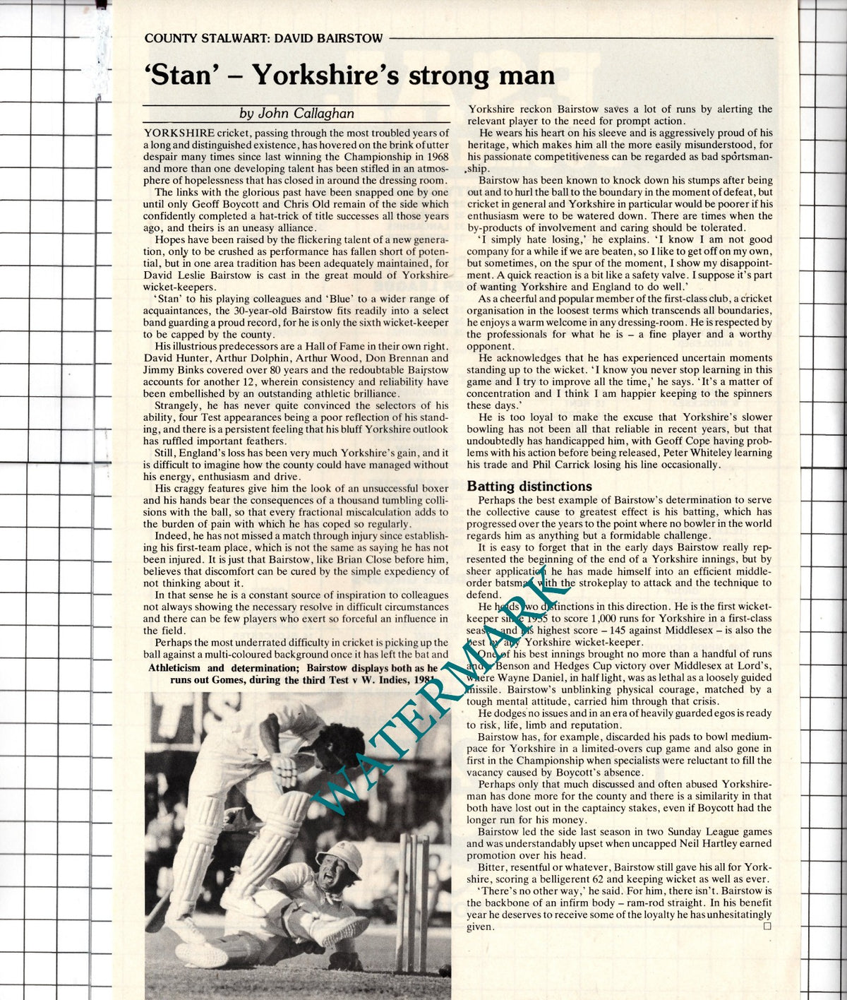 David Bairstow Cricketer Cricket  - 1982 Article
